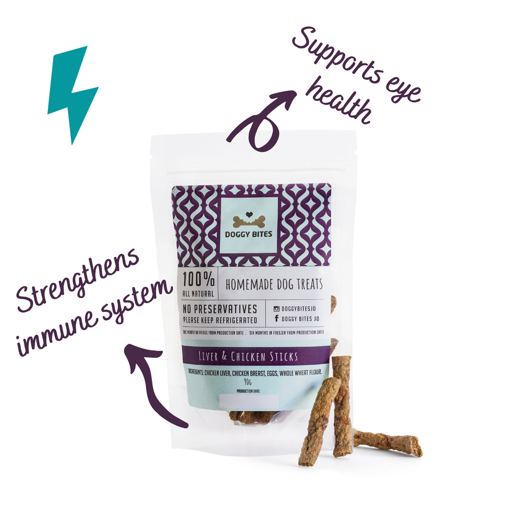 Packaging of Dog treats labeled 'Chicken & Liver Sticks' with images of the treats and text highlighting benefits such as supporting eye health and strengthening the immune system. – healthy dog treats in Amman.