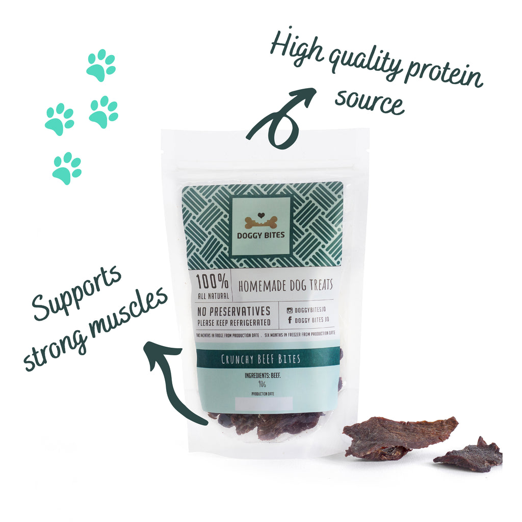 Packaging of ‘Crunchy Beef Bites’ showing the product name, a picture of the beef treats, and icons indicating the product is grain free and a high quality protein source – healthy dog treats in Amman.