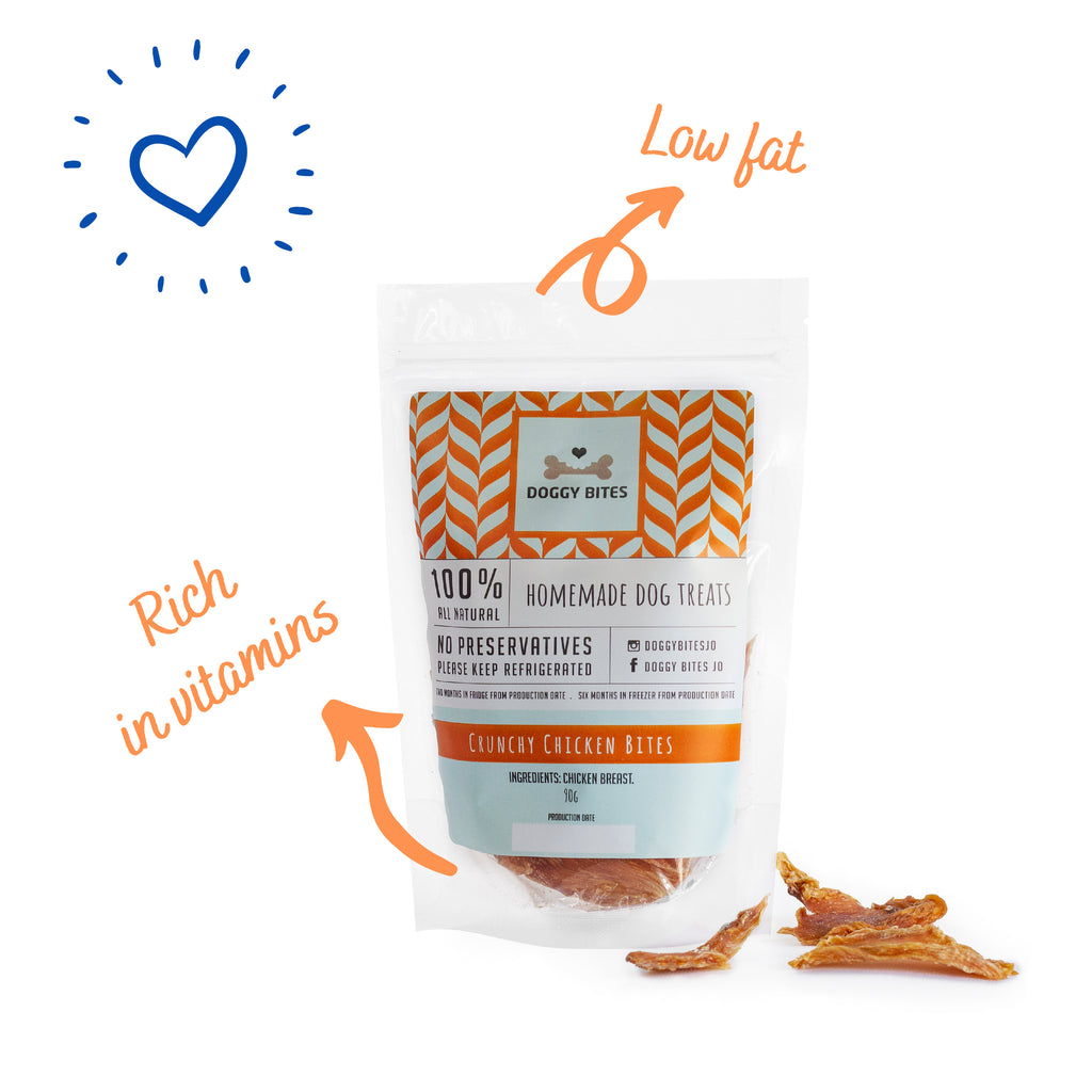 A package of Crunchy Chicken Bites dog treats with highlighted features such as ‘Low fat’, ‘Rich in vitamins’, and ‘Grain Free’ – healthy, single-ingredient dog treats in Amman.
